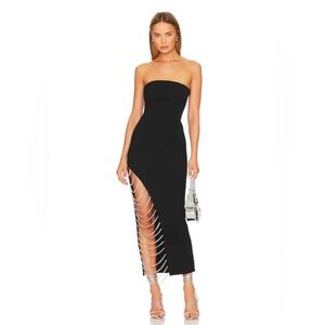NWT $368 NBD Dana Midi Dress in Black with chain and rhinestone accents sz. XS